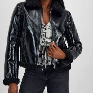 Guess Gift Black Bomber Jacket Faux Leather And Sherling Size M Shiny Vegan